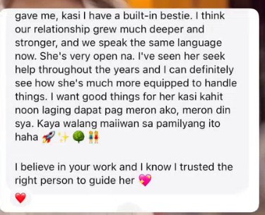 I believe in your work and I know I trusted the right person to guide her
